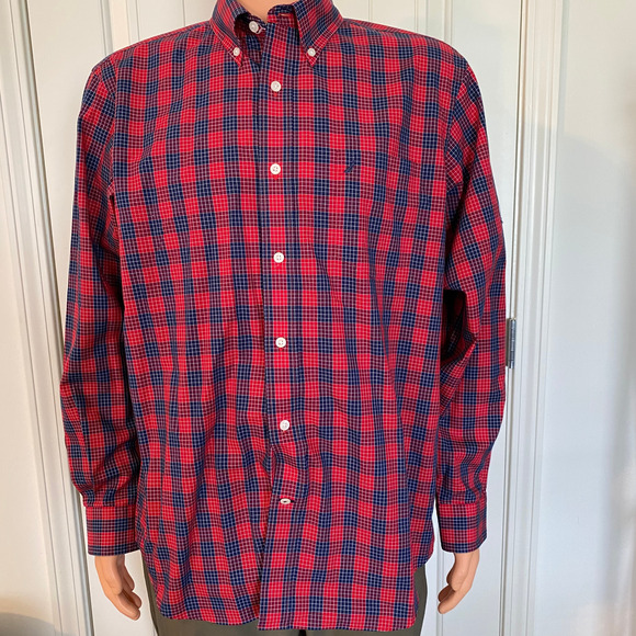 Nautica Wrinkle Resistant Long Sleeve Shirt LARGE Red & Blue Check Button Down - Picture 3 of 8